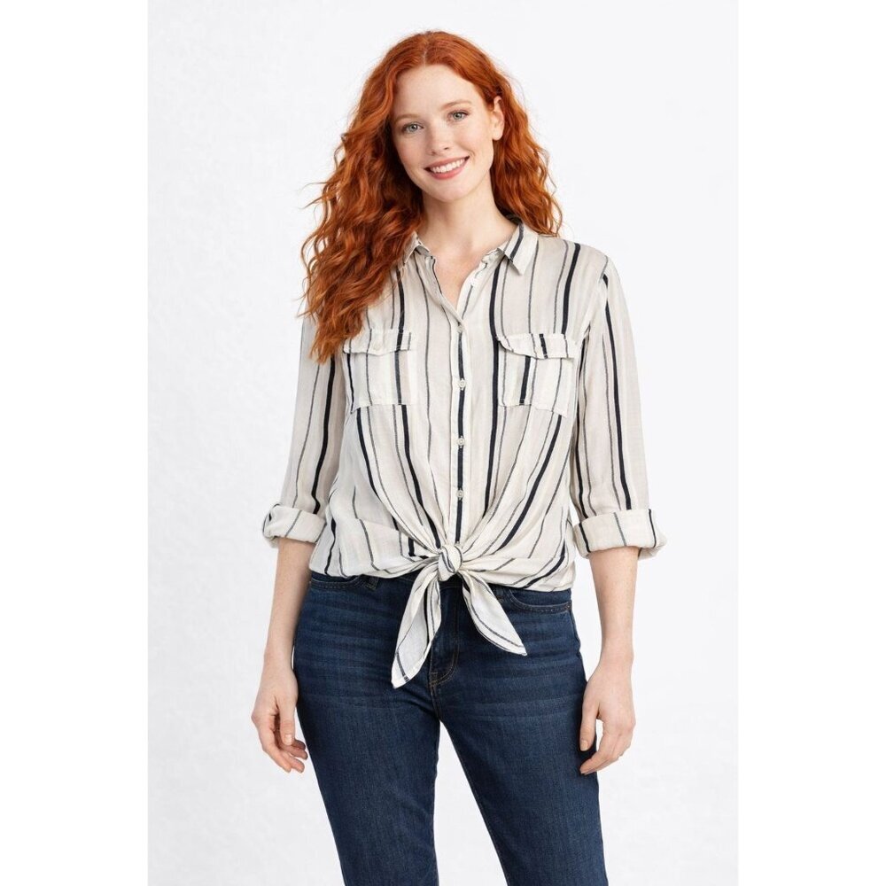 Thread & Supply Women's Shirt Button Up Collard White Black Stripes Sz M  Linen